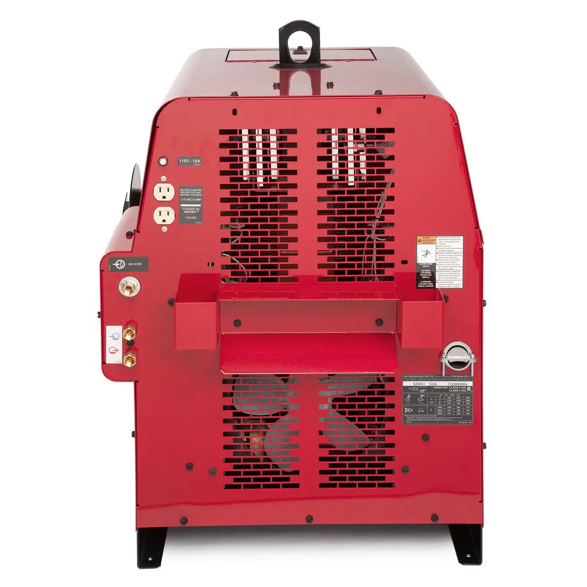 Lincoln Precision TIG 275 Welder K2619-2 rear view with vented panels, outlets, switches, connectors, handle & safety labels.