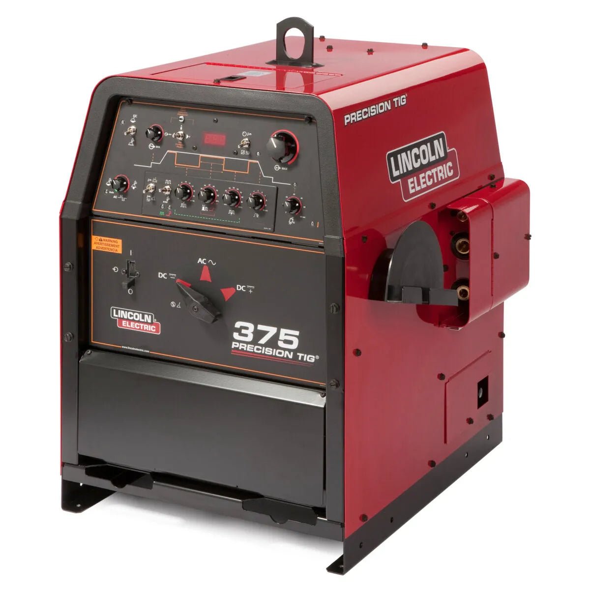Lincoln Precision TIG 375 Welder K2622-2, red, with control knobs, display, Lincoln branding; pro welding equipment at WeldingMart.