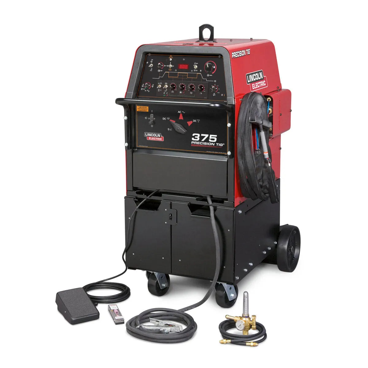 Lincoln Precision TIG 375 Welder Ready-Pak (K2624-1) with cables, foot pedal, and accessories, red-black welding machine on wheels.