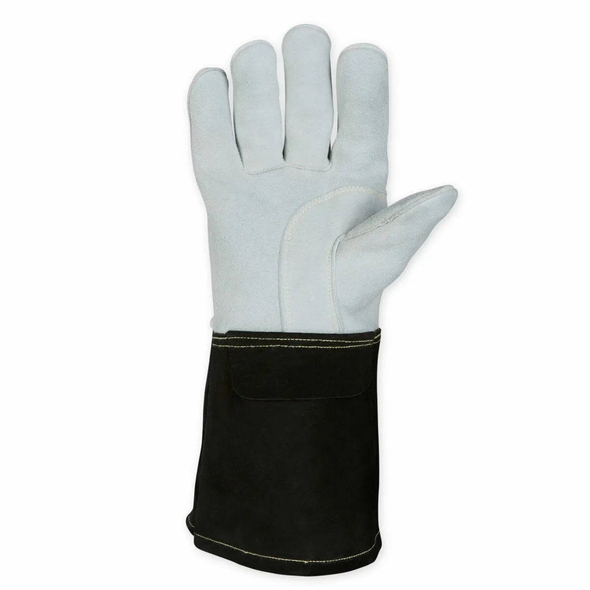 The Lincoln Premium 7 Series Elkskin Stick/MIG Welding Glove L K4787-L features light gray elkskin fingers and palm, a long black cuff, visible stitching, and thick heat-resistant material for reinforced durability and superior protection.