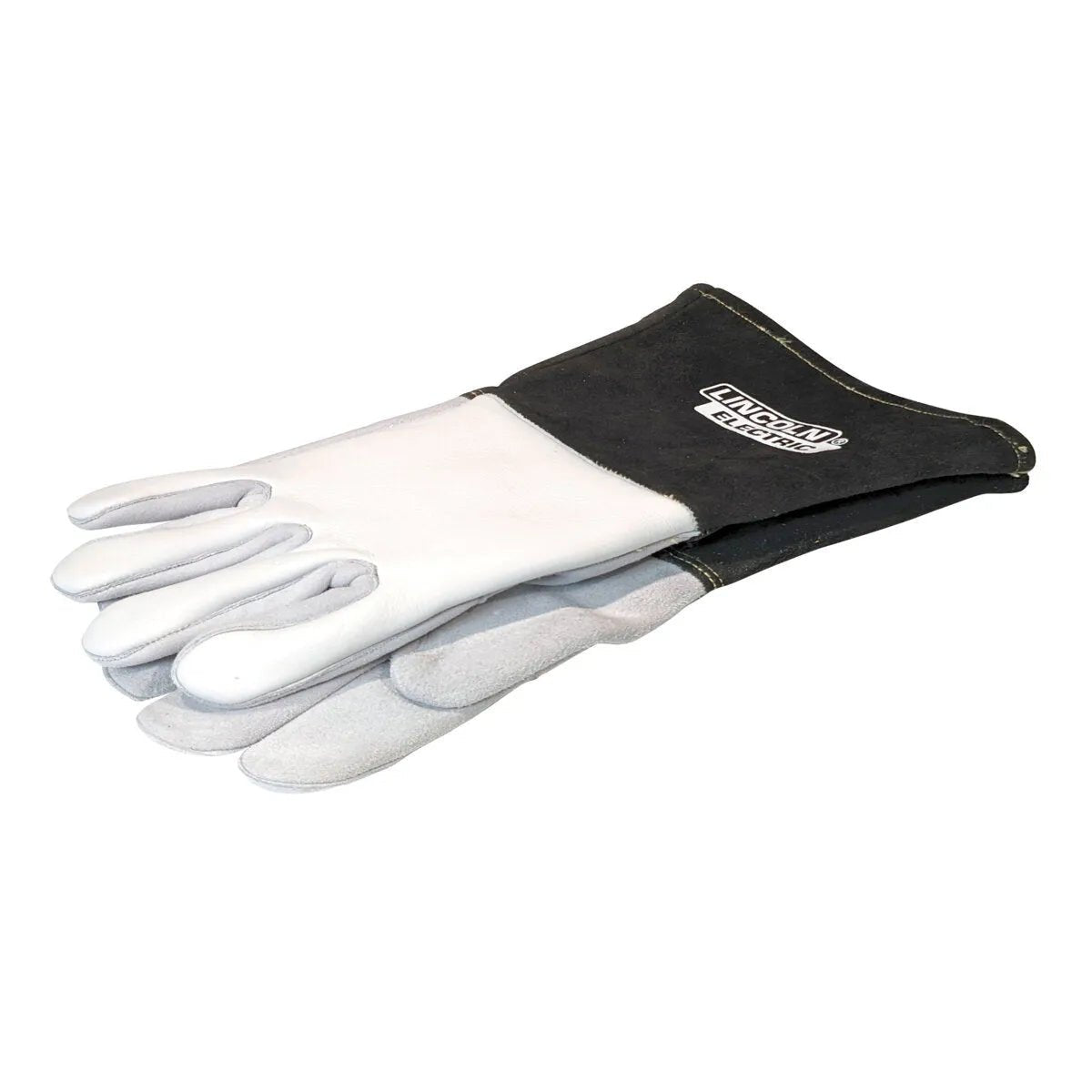 The Lincoln Premium 7 Series Elkskin Stick/MIG Welding Gloves M K4787-M have white leather palms and fingers, black cuffs, and a visible Lincoln Electric logo. These heavy-duty gloves provide heat-resistant, reliable protection for tough jobs.