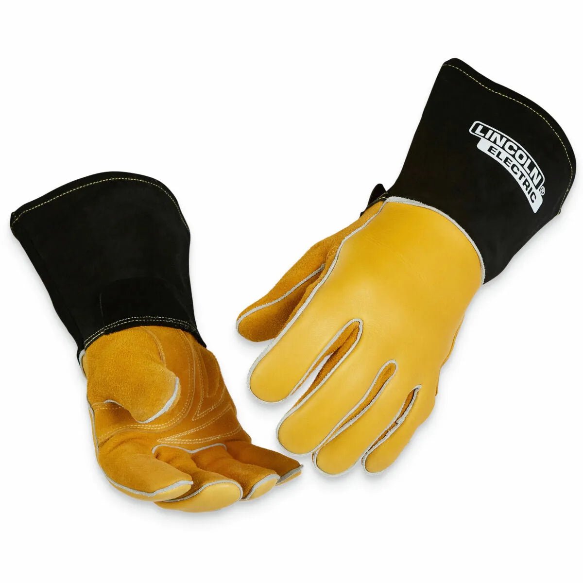 The Lincoln Premium 8 Series Elkskin Stick/MIG Welding Gloves K4788-XL feature yellow leather palms and fingers, black cuffs with white stitching, and the Lincoln Electric logo in white on the right cuff. Both gloves are shown side by side on a white background.