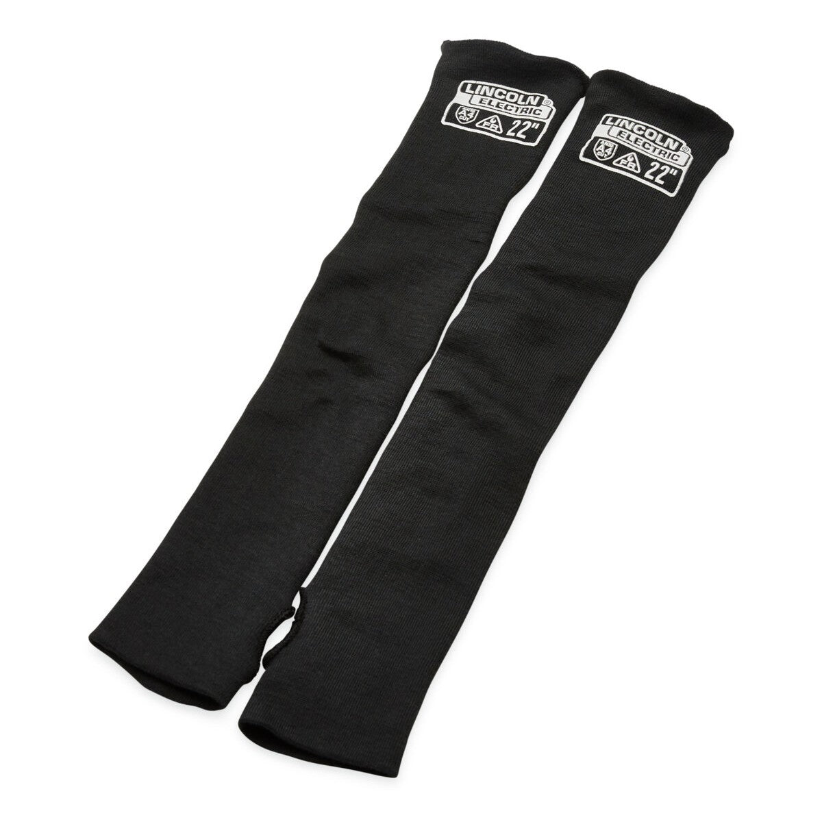 The Lincoln Premium A4 Cut Resistant FR Welding Sleeves K4890-ALL are a pair of black para-aramid sleeves, 22 inches long with slotted thumbs, stretch-fit cuffs and LINCOLN ELECTRIC labels.