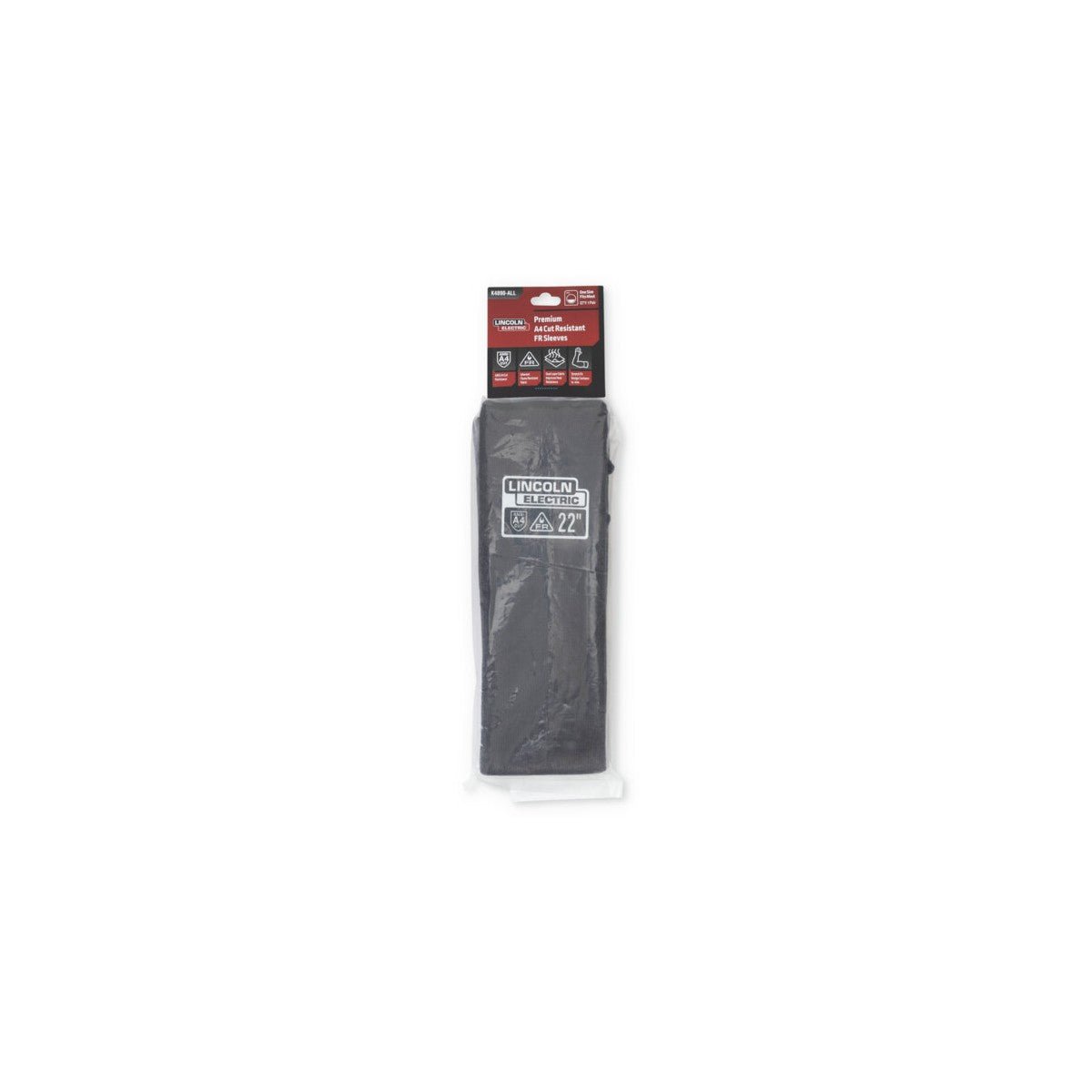 The Lincoln Premium A4 Cut Resistant FR Welding Sleeves K4890-ALL are a pair of black para-aramid sleeves, 22 inches long with slotted thumbs, stretch-fit cuffs and LINCOLN ELECTRIC labels.