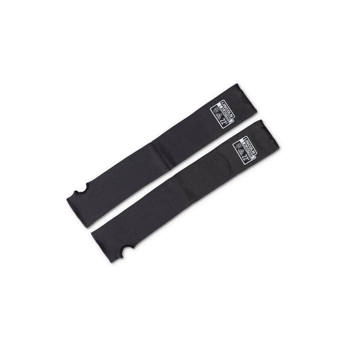 The Lincoln Premium A4 Cut Resistant FR Welding Sleeves K4890-ALL are a pair of black para-aramid sleeves, 22 inches long with slotted thumbs, stretch-fit cuffs and LINCOLN ELECTRIC labels.