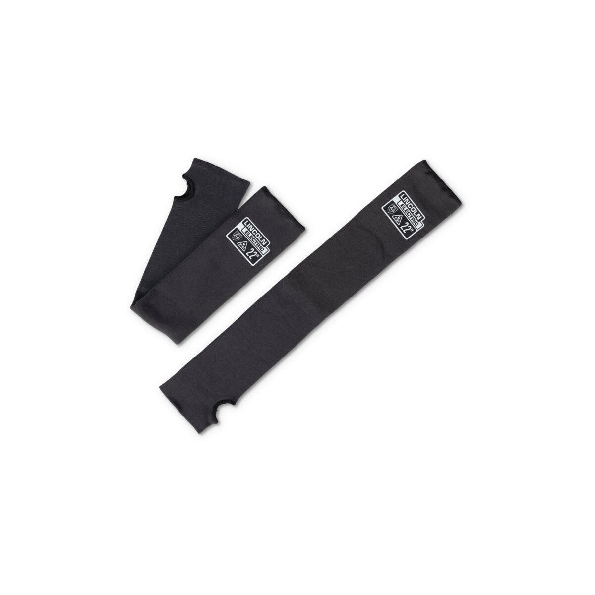 The Lincoln Premium A4 Cut Resistant FR Welding Sleeves K4890-ALL are a pair of black para-aramid sleeves, 22 inches long with slotted thumbs, stretch-fit cuffs and LINCOLN ELECTRIC labels.