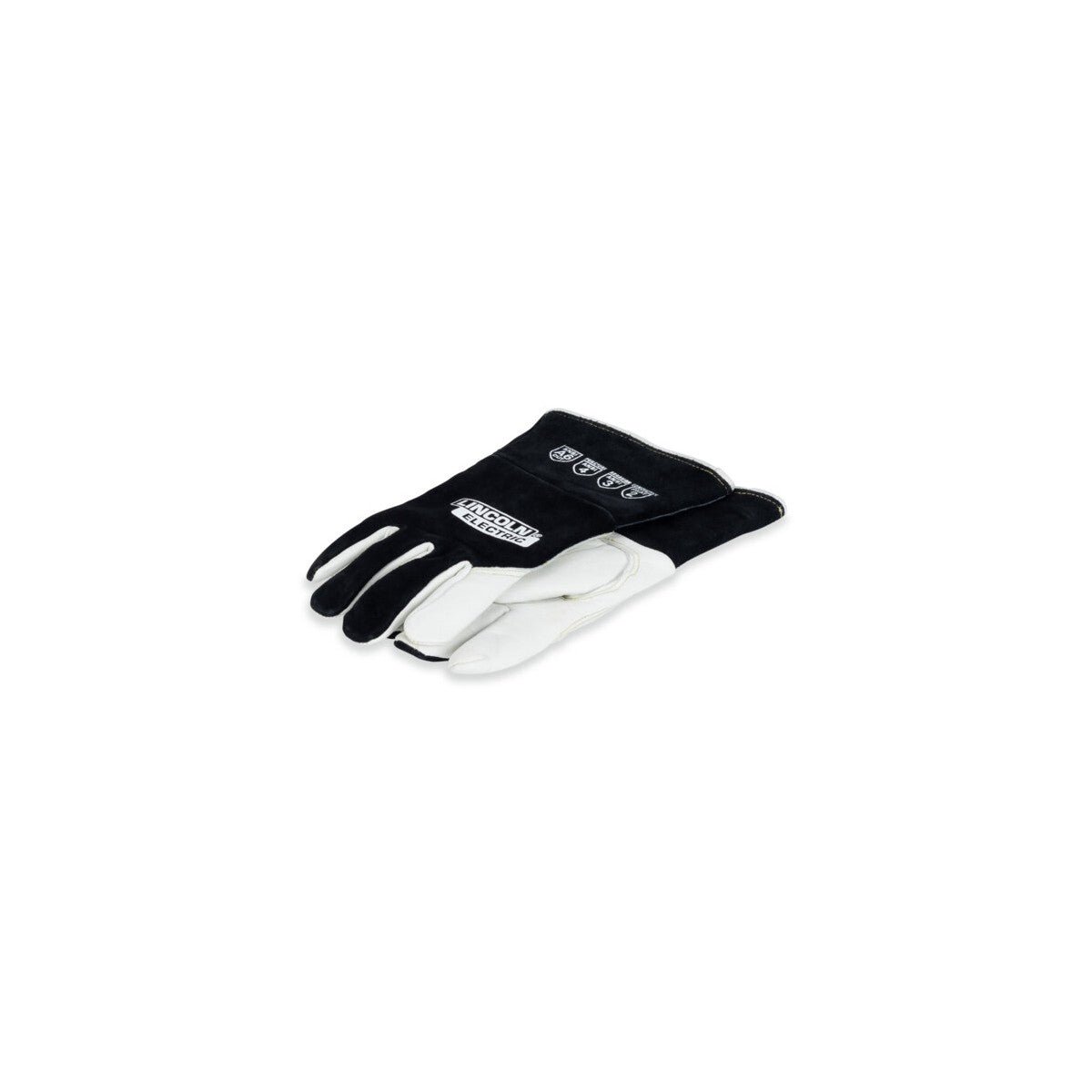 The Lincoln Premium A6 Cut TIG Welding Gloves L K5536-L feature a black cowhide top hand, white goatskin palm and fingers, a keystone thumb, black cowhide safety cuffs, Kevlar stitching and LINCOLN ELECTRIC branding.