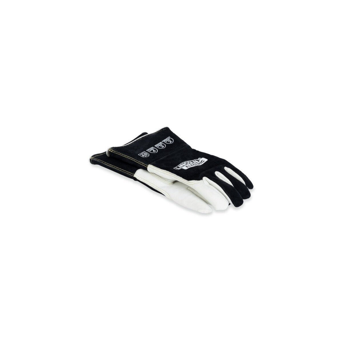 The Lincoln Premium A6 Cut TIG Welding Gloves L K5536-L feature a black cowhide top hand, white goatskin palm and fingers, a keystone thumb, black cowhide safety cuffs, Kevlar stitching and LINCOLN ELECTRIC branding.