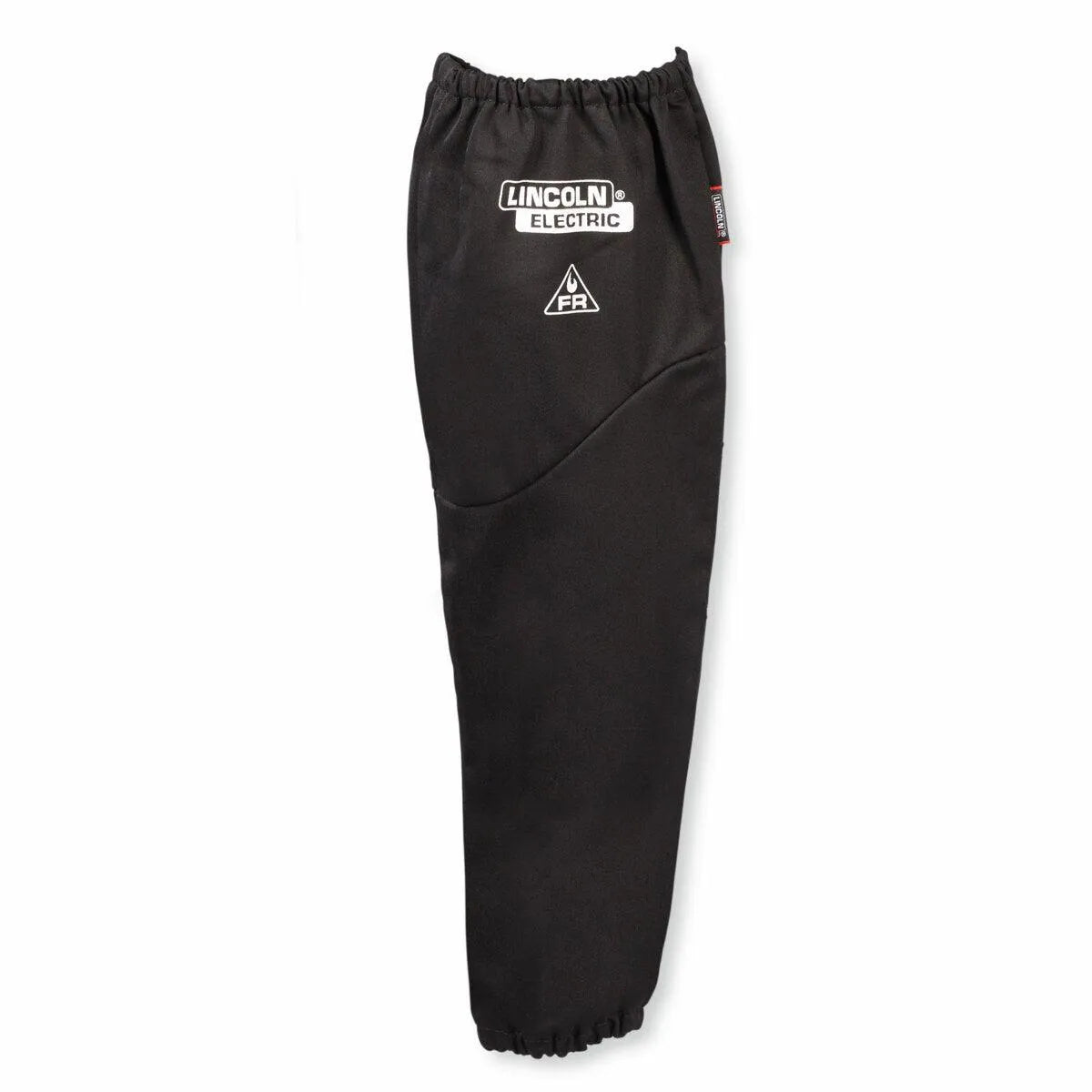 The Lincoln K4828-ALL Premium Flame Retardant Welding Sleeve features a 21 heavy-duty fabric with knit liner, black color, elastic at both ends, and white Lincoln Electric logo with FR symbol near the top for added safety during welding.