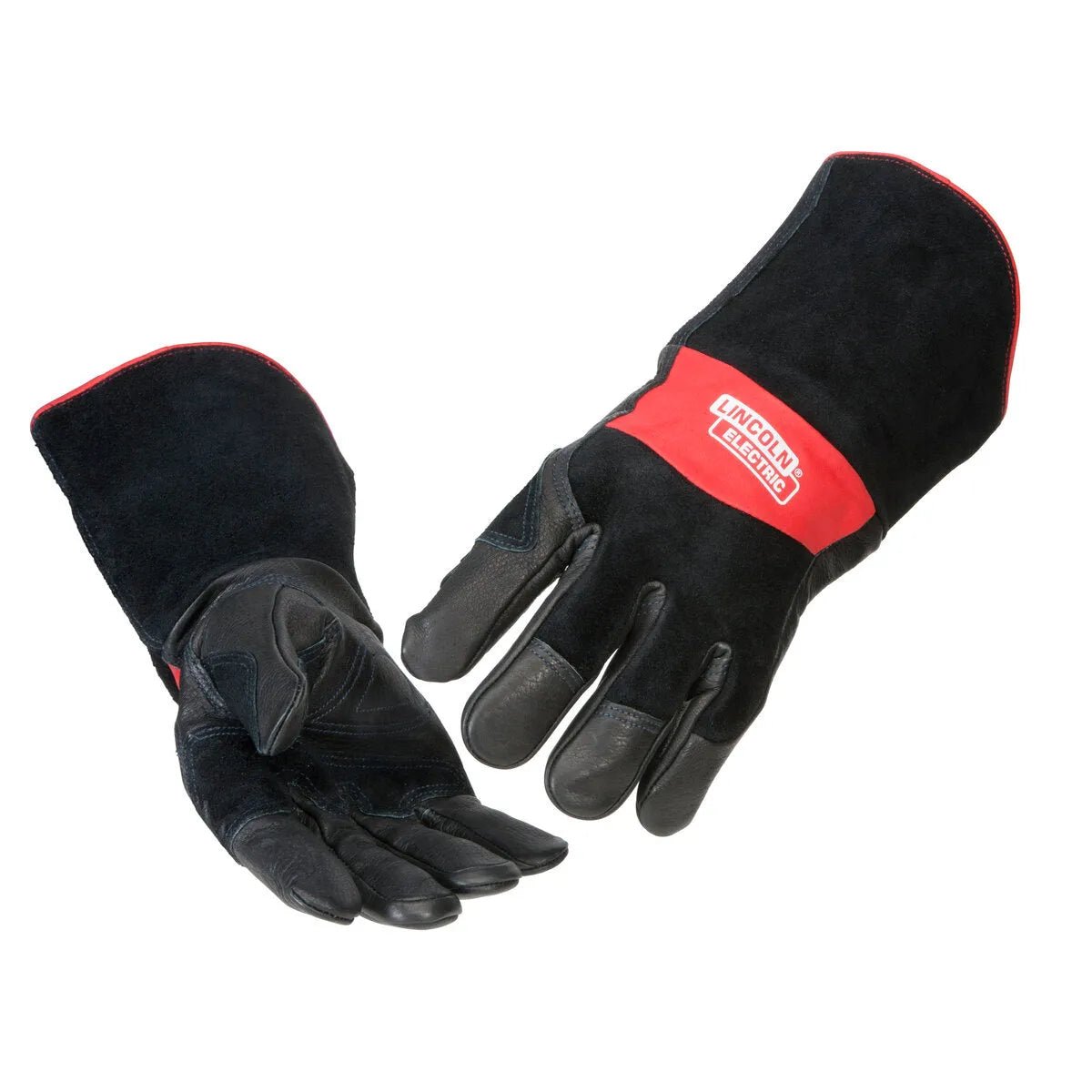 A pair of black and red leather MIG gloves with reinforced palms and Lincoln Electric branding on the cuffs, these heat resistant gloves offer excellent protection for welding tasks, shown on a white background.