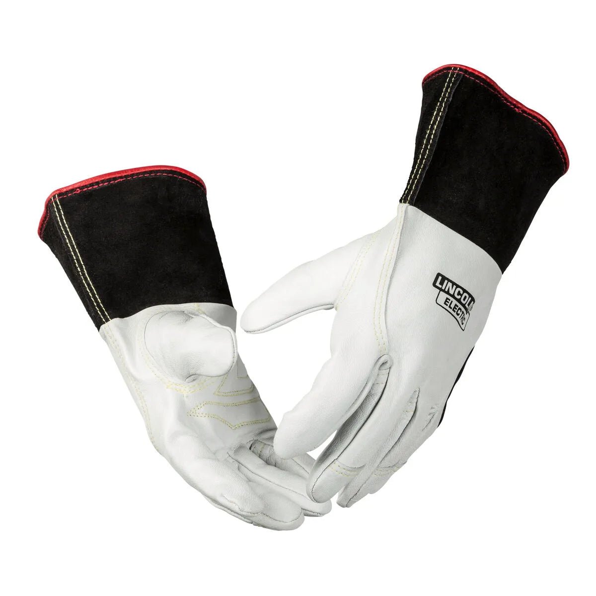 The Lincoln Premium Leather TIG Welding Gloves Large K2983-L feature white leather, black cuffs, red stitching, and the LINCOLN ELECTRIC logo. Designed for heat resistance, they offer durable protection for tough jobs. Palms are up with slightly curled fingers on a white background.