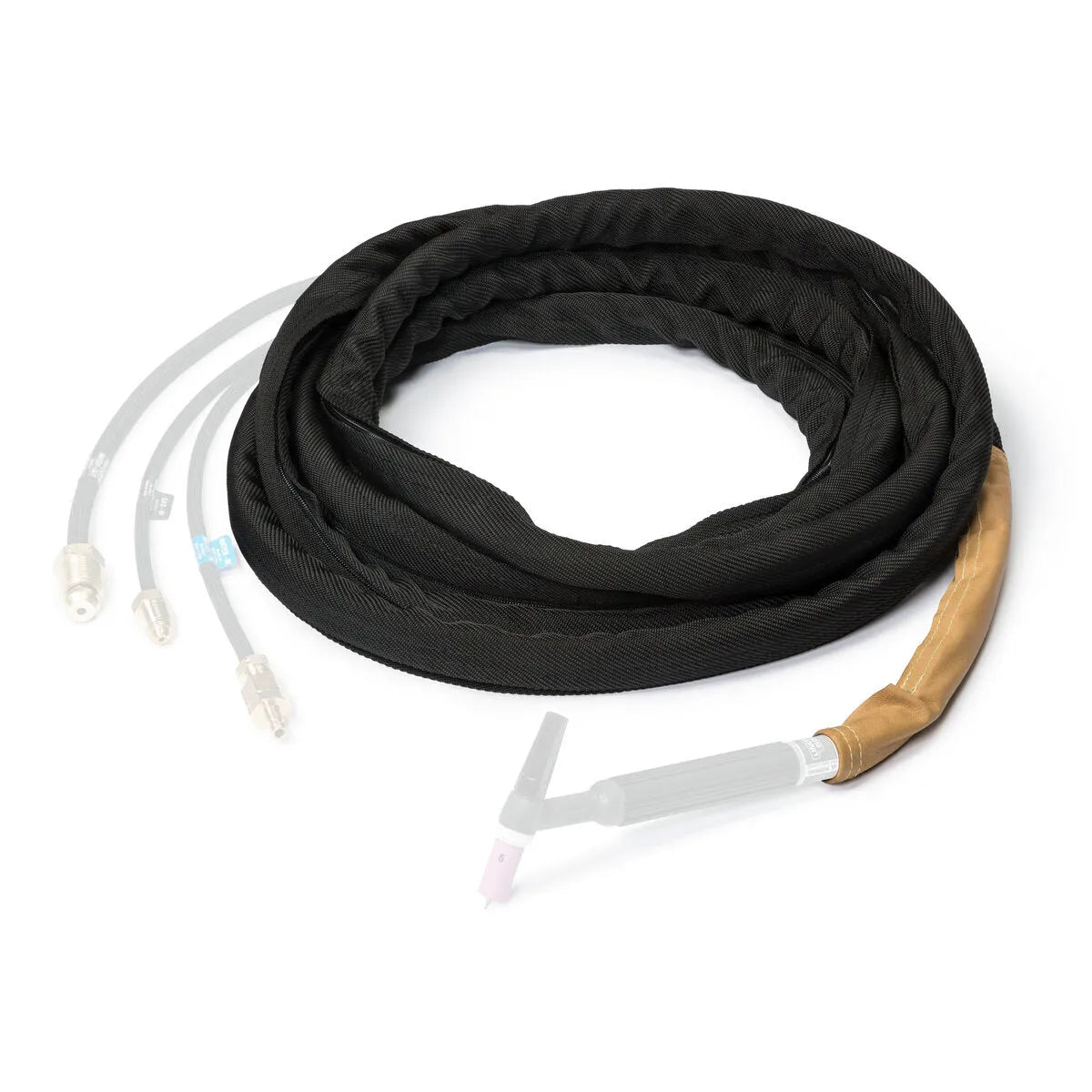 A coiled Lincoln Premium Zippered Cable Cover 22 ft (6.7 m) K918-4 is shown, with three exposed connectors on one end and a brown and silver torch handle partially visible on the other, against a white background.
