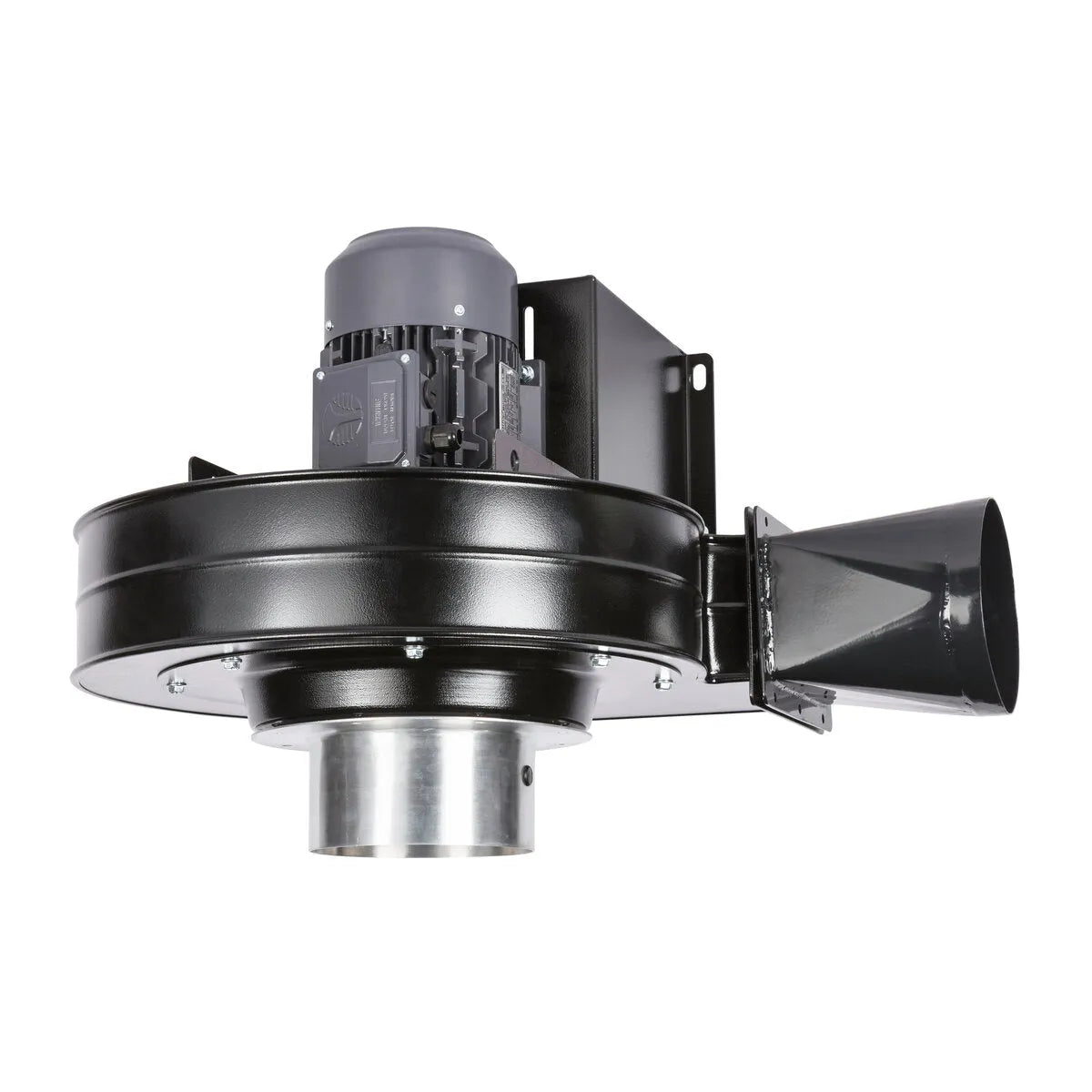 A black industrial blower fan with a cylindrical housing, 2HP industrial fan motor mounted on top, and a side exhaust duct, ideal for industrial ventilation, shown against a white background.