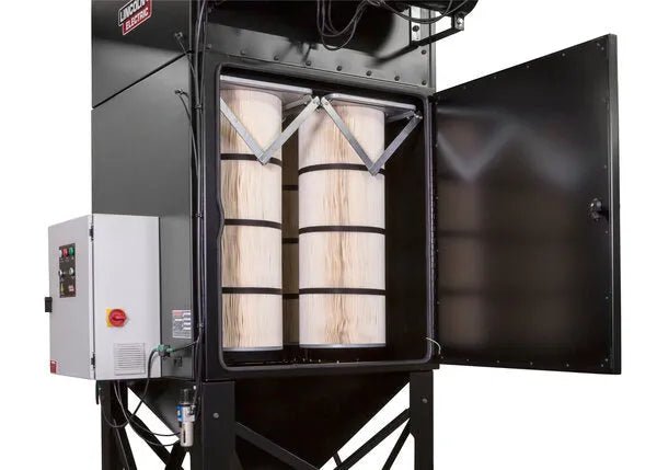 The Lincoln Prism Central System 5 HP (2750 CFM) AD1326-17, a black fume extraction unit for plasma cutting or robotic welding, shows four vertical cylindrical filters with black bands and a left-side control panel when its door is open.