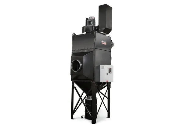 The Lincoln Prism Central System 5 HP (2750 CFM) AD1326-17 is a black, industrial fume extraction unit with four legs, 4 vertical filters, control panel, and cylindrical intake—designed for plasma cutting or robotic welding, shown on a plain white background.