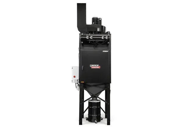 The Lincoln Prism Central System 5 HP (2750 CFM) 4 Vertical Filter Fume Extraction Unit AD1326-17 is a tall, black machine with a boxy body, cylindrical exhaust pipe, left-side control panel, angled legs, and hopper underneath.