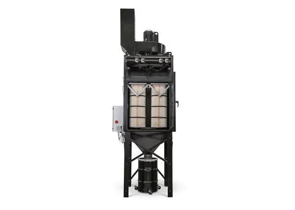 The Lincoln Prism Central System 5 HP (2750 CFM) AD1326-17 is a large, black fume extraction unit with four legs, a front window showing four vertical filters, a side-mounted white control box with wires, and an exhaust duct on top.