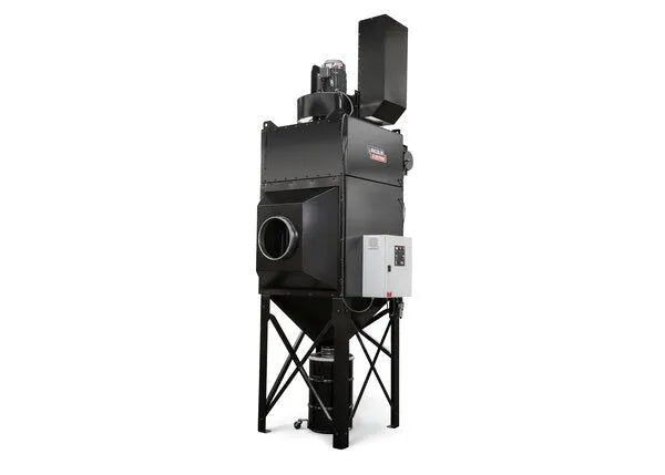 The Lincoln Prism Central System 5 HP (2750 CFM) Fume Extraction Unit AD1326-17 is a large, industrial black machine with four legs, control box, round inlet, tall exhaust stack, hopper, and four vertical filters. Plain white background.