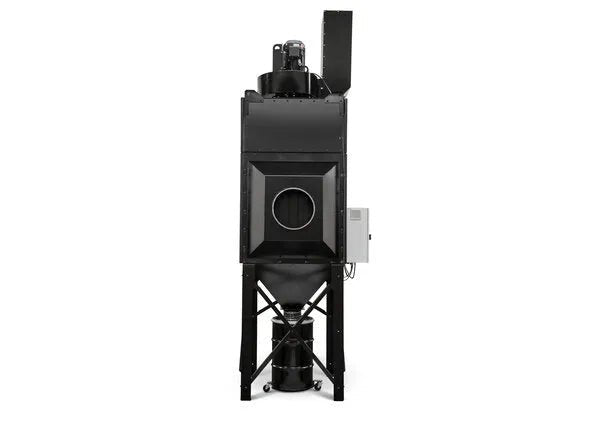 The Lincoln Prism Central System 5 HP (2750 CFM) AD1326-17 is a tall, black industrial fume extraction unit with 4 vertical filters, a central circular inlet, side control box, and funnel base—ideal for plasma cutting or robotic welding.