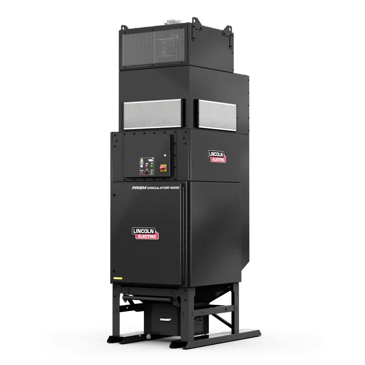 A tall, black industrial Lincoln Prism Circulator 4000 (230V, PTFE Filter K5140-4) efficiently extracts welding fumes. It features multiple vents, a digital control panel, and a sturdy metal frame with logos on front and side against a white background.
