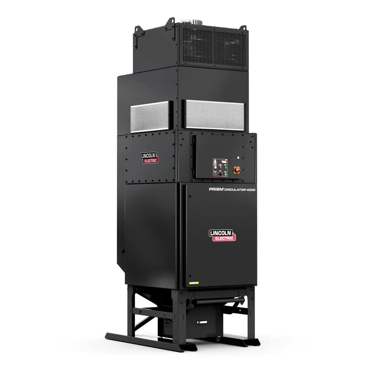A tall, black Lincoln Prism Circulator 4000 (230V Input, PTFE Filter K5140-4) stands on a metal frame. Designed for welding fume extraction, it features vents, a control panel with buttons and display, and company logos.