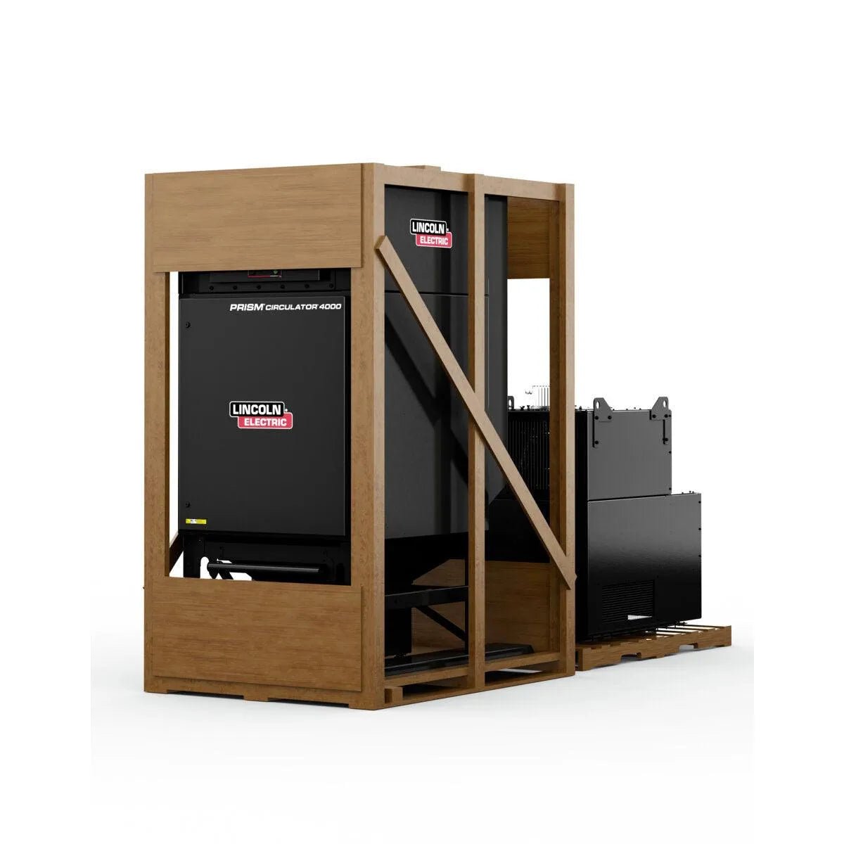 A large black Lincoln Prism Circulator 4000, 480V Input, Nano Filter K5140-1, is secured in a wooden crate frame. Designed for welding fume or air filtration, the equipment appears new with an extra black metal component beside the crate.