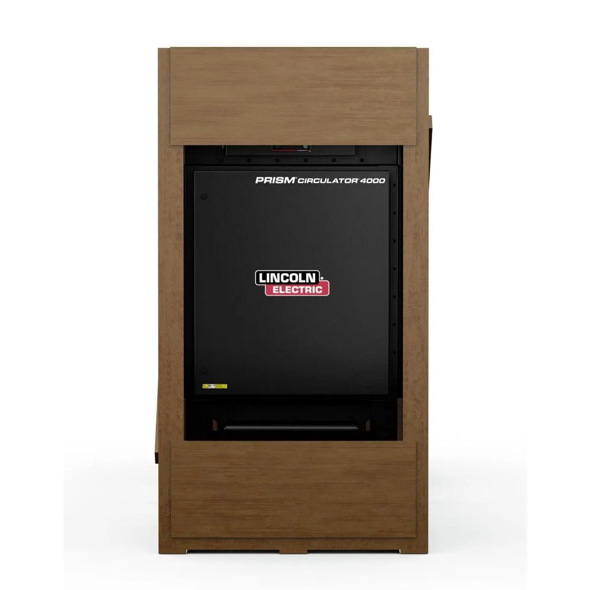A black Lincoln Prism Circulator 4000, 480V Input, Nano Filter K5140-1 for welding fume extraction sits in a tall rectangular wooden cabinet, featuring sleek design and ambient air filtration. Photographed on white with clear logo and text.