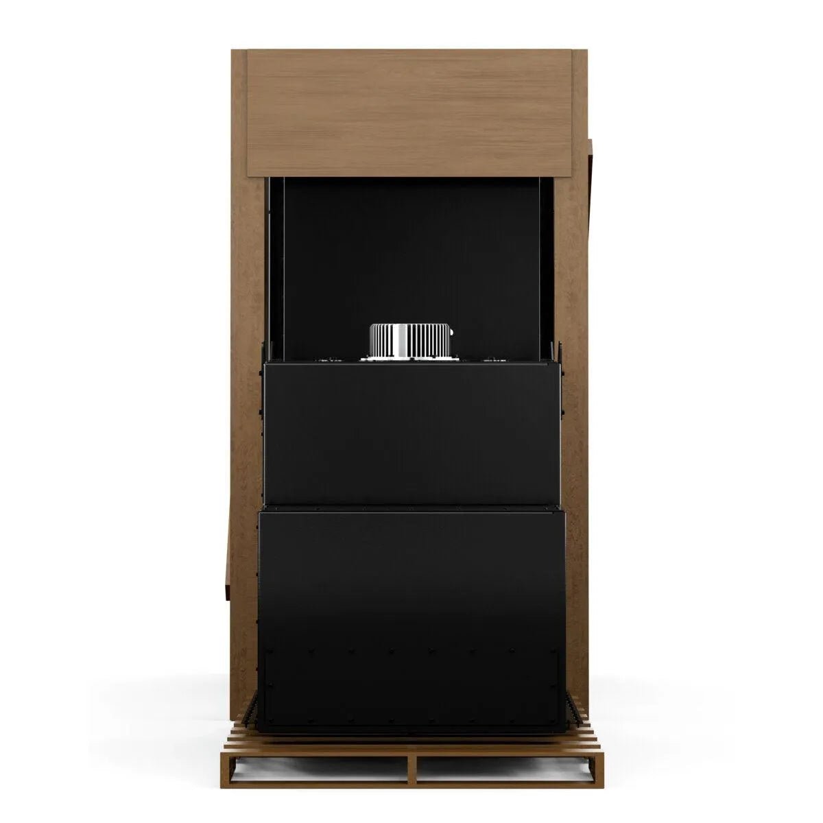 The Lincoln Prism Circulator 4000, 480V Input, Nano Filter K5140-1 features a wood-finish exterior, a central black dispensing unit, and ventilation inspired by ambient air filtration for a clean, minimalist look with sharp edges and no visible branding.