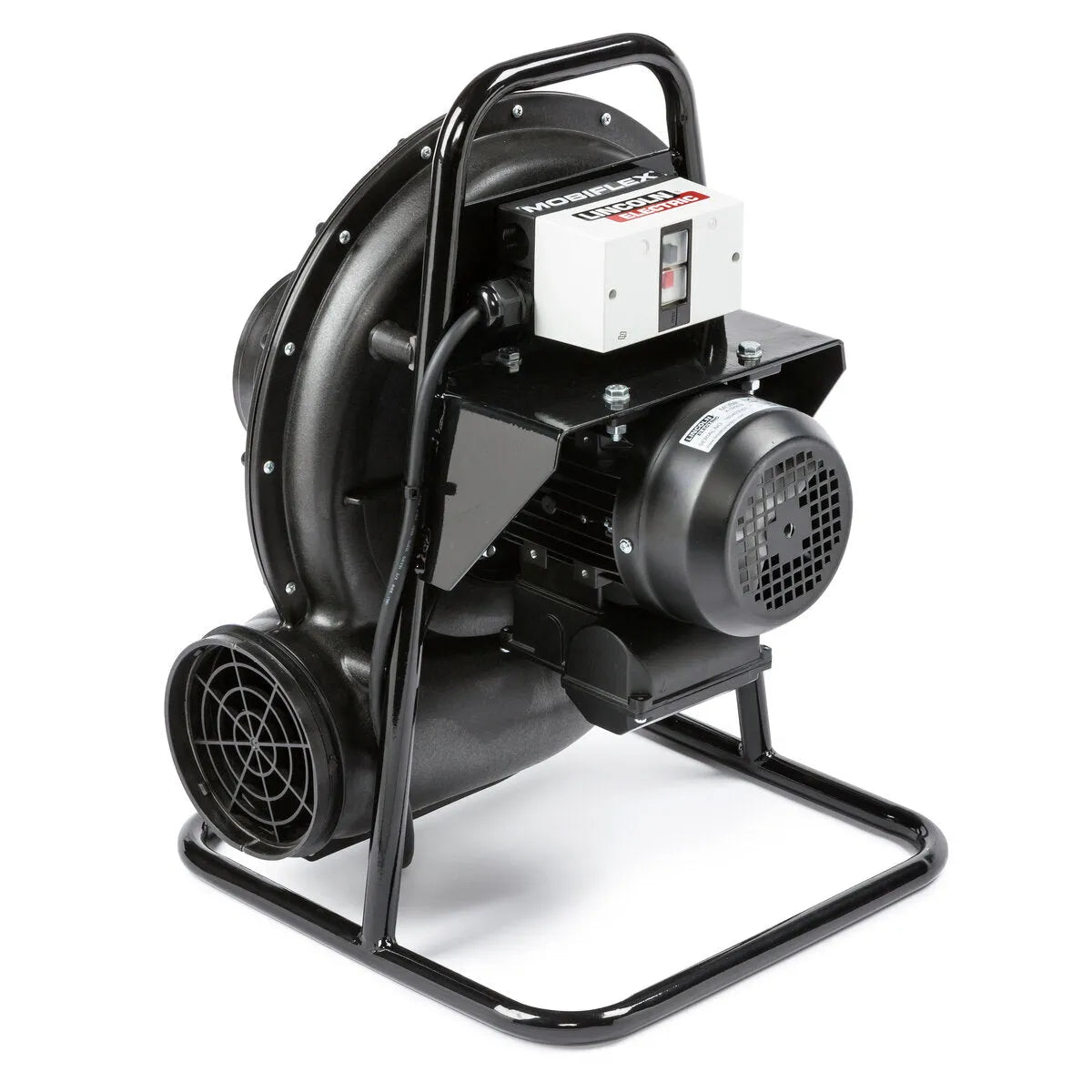The Lincoln Prism Direct Exhaust Fan (115V) K1666-3 is a black industrial model with a metal frame, round fan housing, electronic control box, vent, sturdy rubber feet, and a cylindrical air outlet delivering up to 765 CFM airflow.