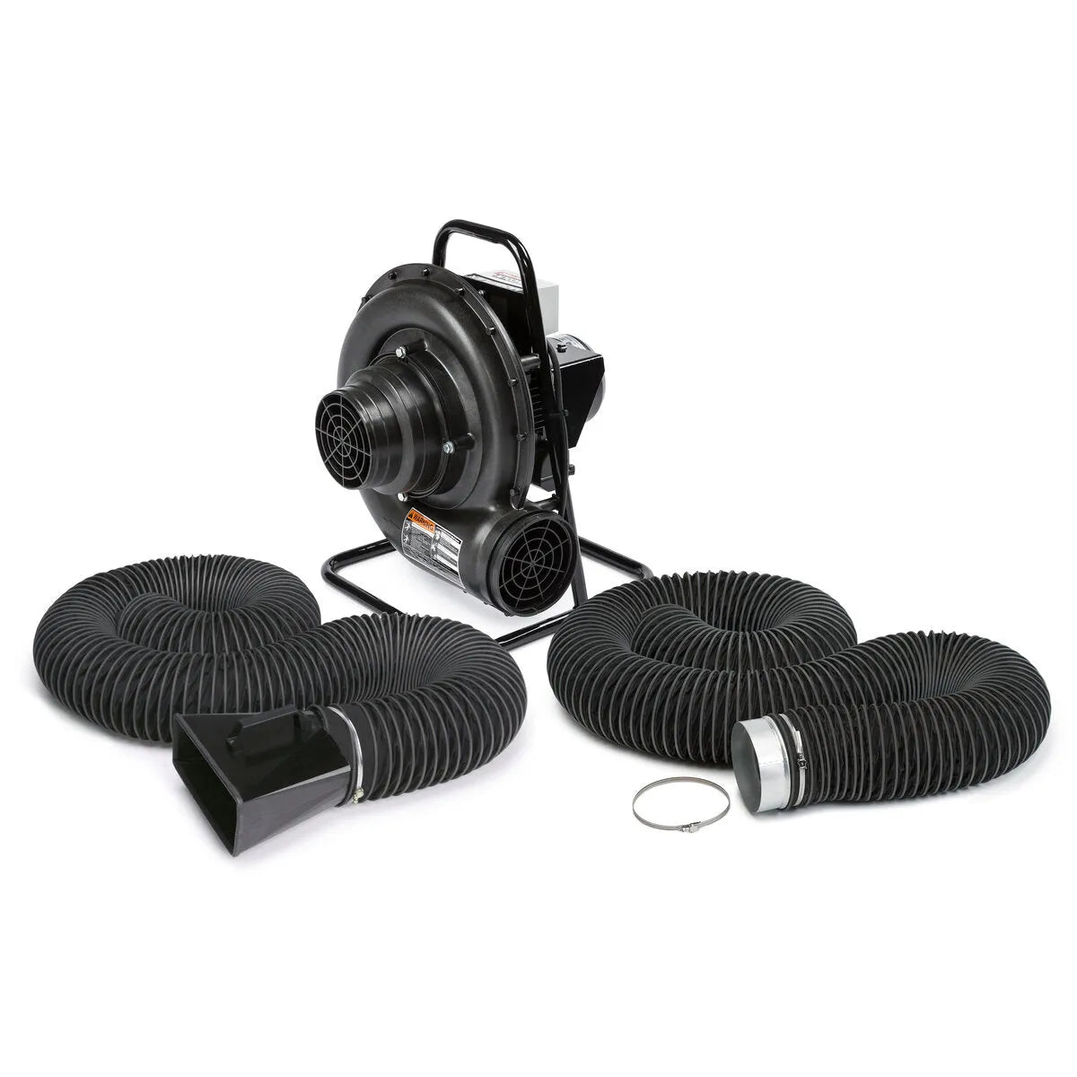Lincoln Prism Direct Exhaust Fan One-Pak K4260-3 with black housing, hoses, and clamp for welding fume extraction on white background.