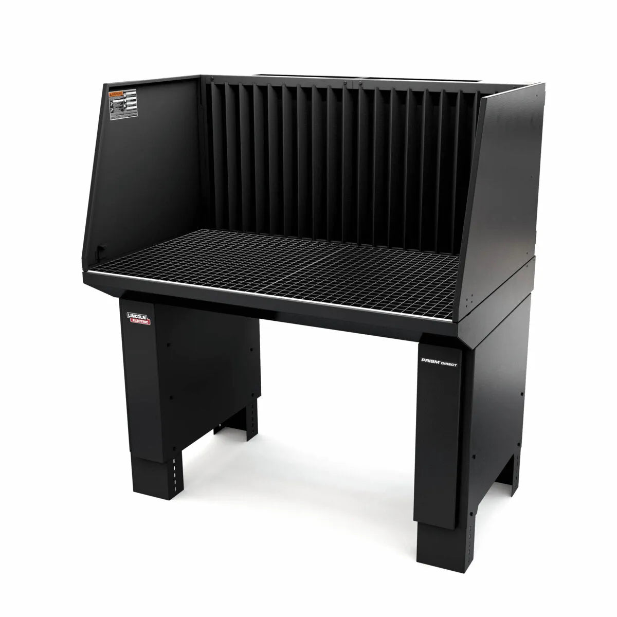 The Lincoln Prism DownDraft Direct Table K2751-9 features a black grated metal work surface, tall side and back panels, and rear vertical vents for efficient dust or fume extraction—perfect for workshops or manufacturing environments.