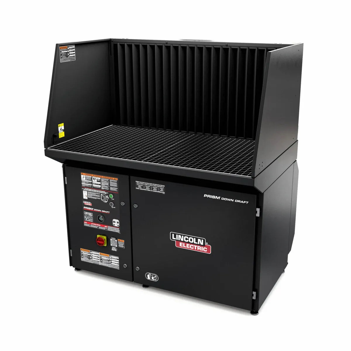 The Lincoln Prism DownDraft Table 208-230/460/3/60 K2751-10 is a black industrial welding table with a grated surface, high side/back panels, vents, and logos, designed for efficient fume extraction and metal grinding dust removal.