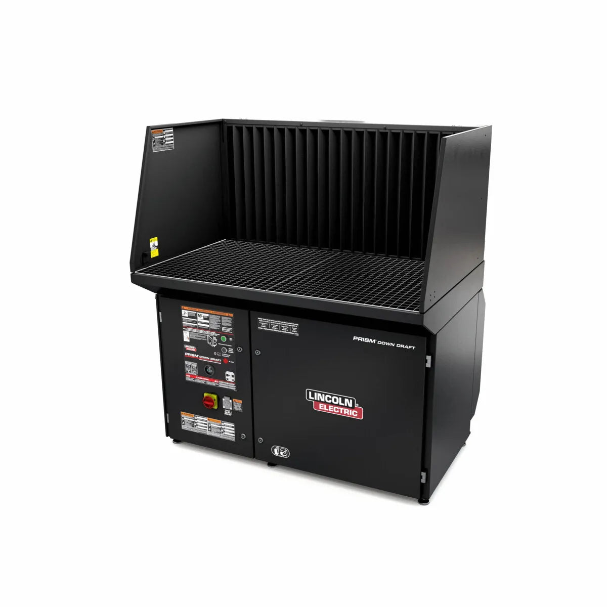 A black Lincoln Prism DownDraft Table with Mechanized Cleaning (575/3/60 K2751-16) features a grated work surface and vertical slatted back. Control buttons, labels, and warning stickers are visible on the front panel. The unit stands alone against a white background.