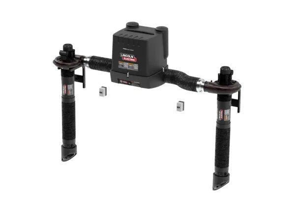 The Lincoln Prism Dual Arm Wall Mount with MERV 14 Filter, Telescoping 5 Ft. Dual One Pak K4261-10 features two black cylindrical arms for welding fume extraction and includes mounting brackets, shown against a white background.