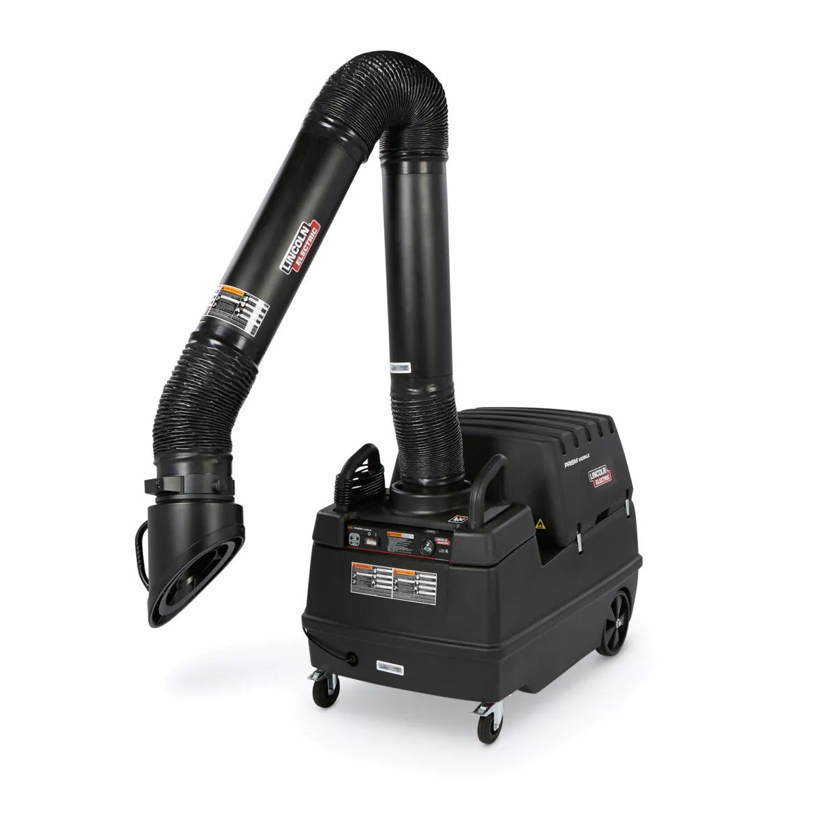 The Lincoln Prism Mobile w 10 ft Arm, MERV 14 Filter, and Arc Sensor/Lamp Kit (Pkg. K4259-3) is a mobile black fume extractor with wheels, control panels, and a flexible hose—ideal for industrial air purification or welding fumes.