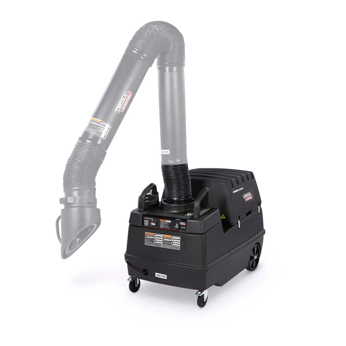 The Lincoln Prism Mobile w/ filter MERV 14 Extractor Base Unit K2497-12 is a black, wheeled welding fume extractor with a flexible hose arm, wide capture hood, control buttons, labels, ventilation grilles, and high-efficiency MERV 14 filter.