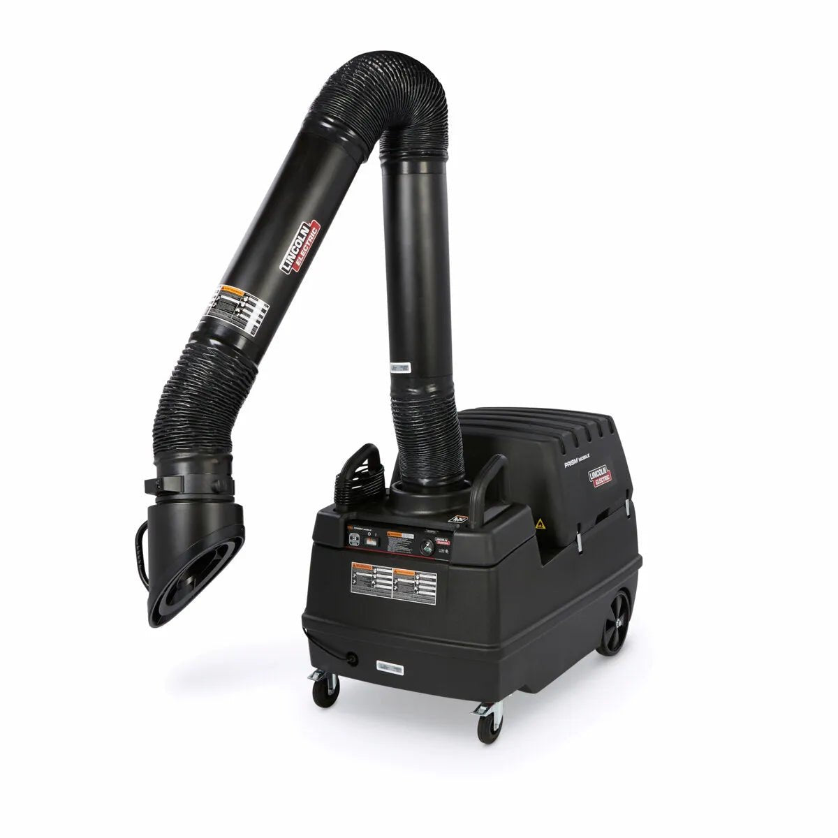 The Lincoln Prism Mobile with 10 ft. Arm, MERV 16 filter, arc sensor, and lamp kit (One-Pak K4259-7) is a black mobile welding fume extractor on four wheels with extendable hose, control panel, warning stickers, and branded label for clean air.