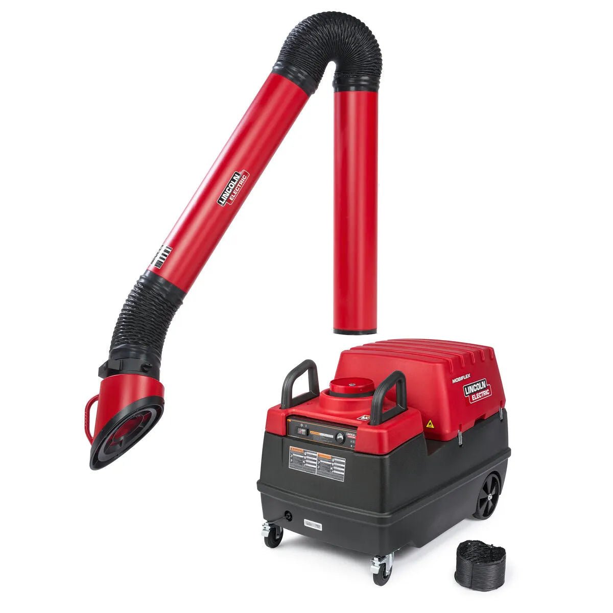 The Lincoln Prism Mobile with 13 ft. Arm, MERV 14 Filter One-Pak K4259-4 is a red/black wheeled fume extractor for welding, featuring handles, control buttons, warning labels, a flexible hose with wide nozzle, and an additional coiled hose extension.
