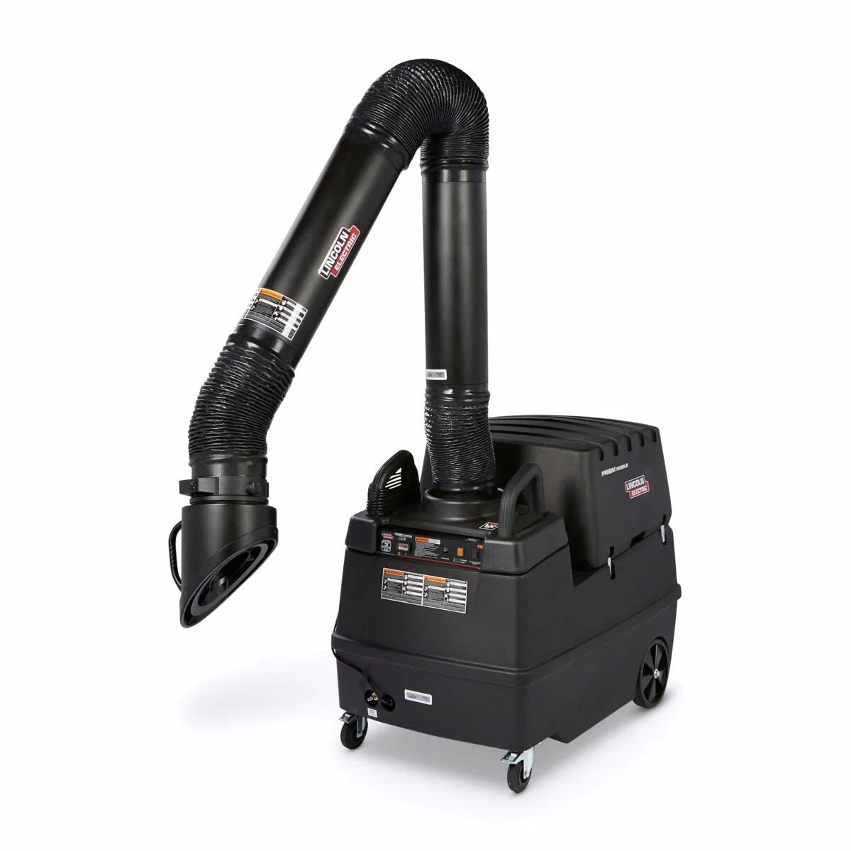 The Lincoln Prism Mobile with Mechanized Cleaning 10 ft MERV 14 One-Pak K4384-1 is a wheeled fume extractor with a flexible hose and nozzle, control panels, and handles for efficient welding fume extraction and air filtration.