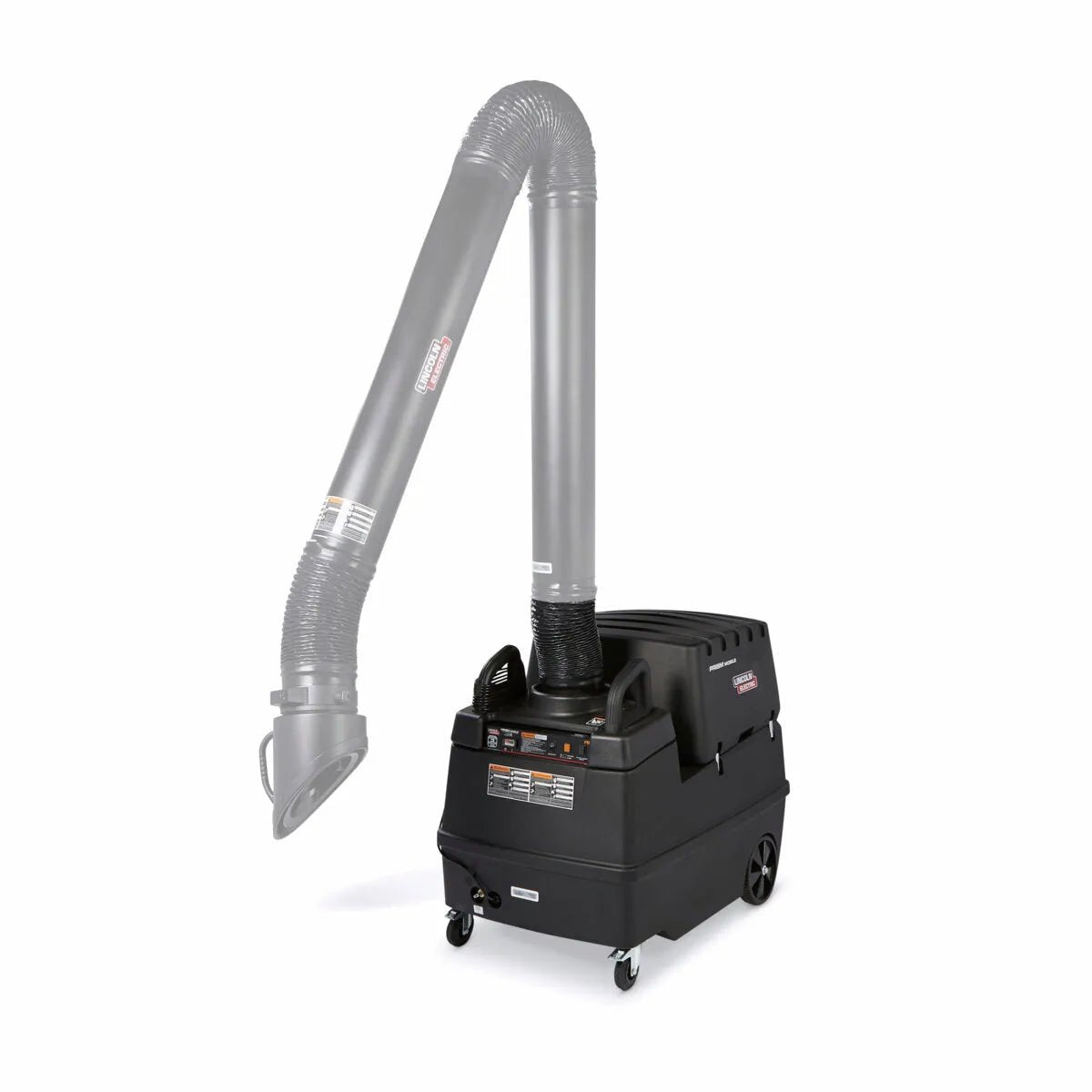 The Lincoln Prism Mobile with Mechanized Cleaning, MERV 14 (K2497-14), is a black fume extractor on wheels with a long transparent hose arm and wide nozzle. The base unit has multiple front control panels and warning labels.