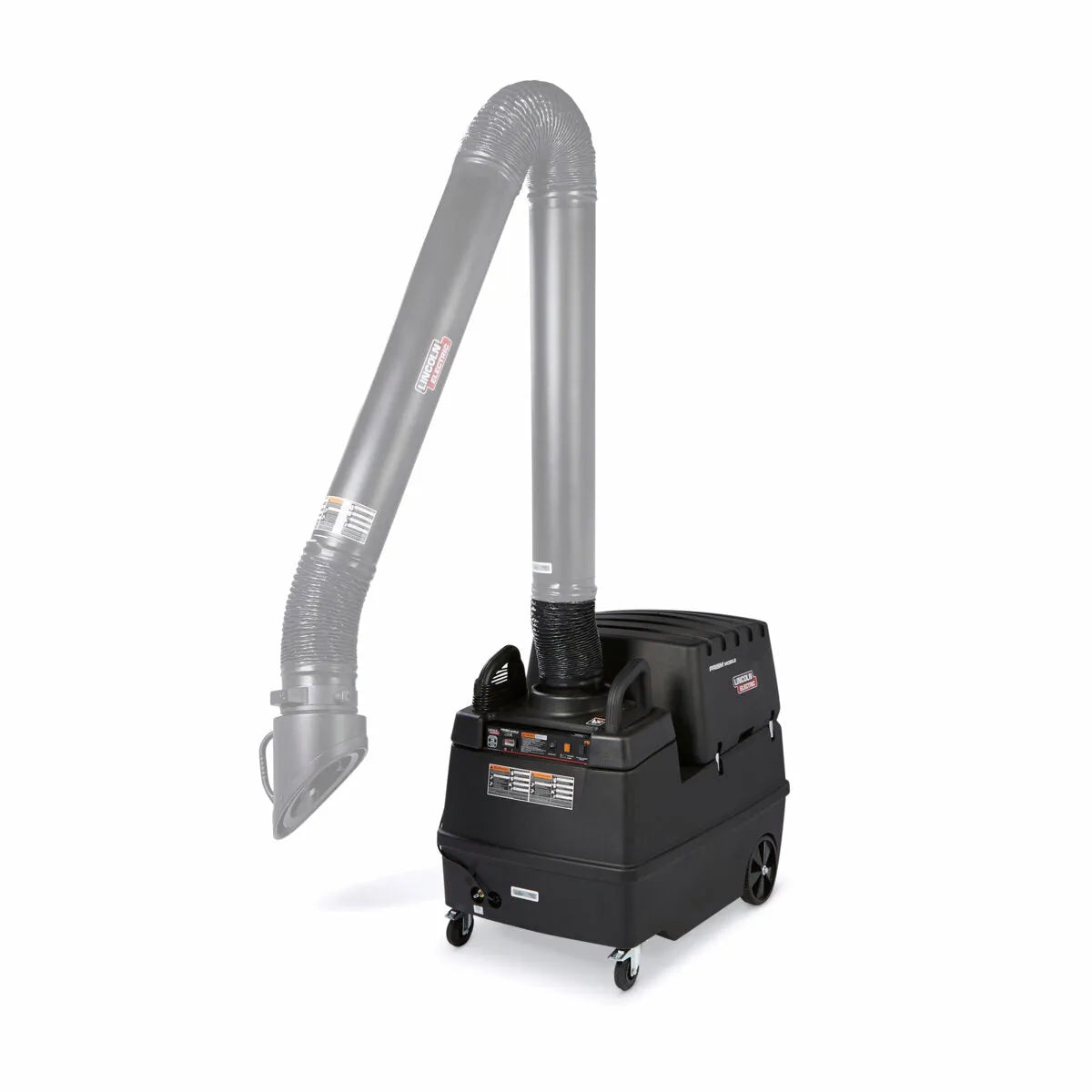 The Lincoln Prism Mobile with Mechanized Cleaning, Base Unit K1741-3, features a MERV 14 filter, wheels, control panels on the front, and a long flexible suction arm for efficient welding fume extraction against a plain white background.
