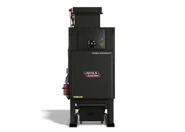 The Lincoln Prism® Compact (10 HP 4000 CFM) Fume Extraction Unit, model AD2455-4, features 4 vertical filters, an inlet up design, thermal protection, a control panel, side compartment, and sturdy short legs in black and gray.