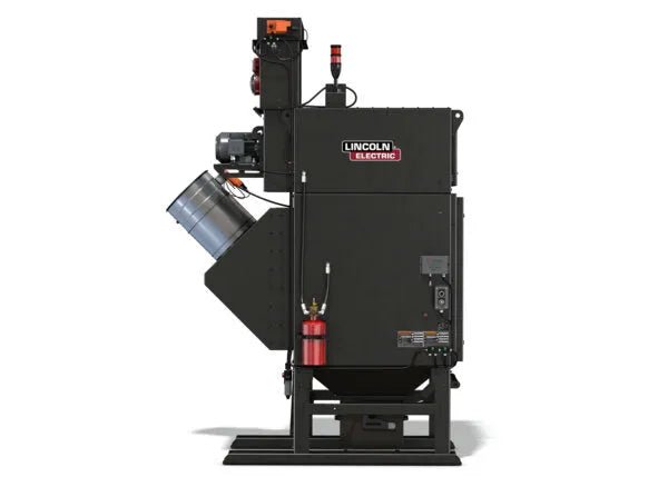 The Lincoln Prism® Compact (10 HP 4000 CFM) AD2455-4 is a black, rectangular fume extraction unit with four vertical filters, a labeled control panel, thermal protection, and an inlet up design on a black frame against a plain white background.