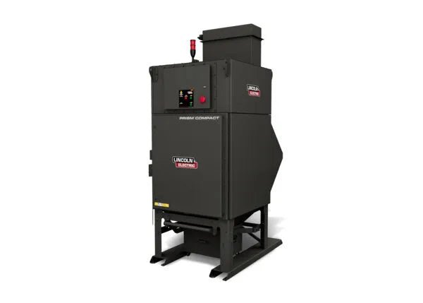 The Lincoln Prism® Compact (10 HP 4000 CFM) AD2455-8 is a black industrial fume extraction unit with four vertical filters, control panel, emergency stop, sturdy base, vents, hopper, inlet down, and thermal protection for advanced dust and fume removal.