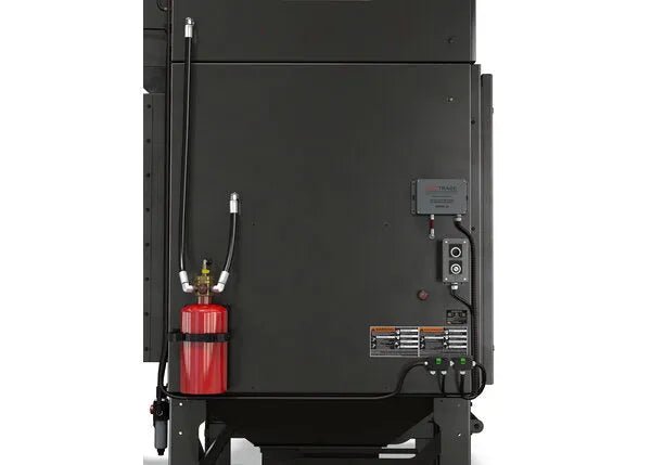 The Lincoln Prism® Compact (10 HP 4000 CFM) 4 Vertical Filter Fume Extraction Unit (AD2455-8) is shown from the back, featuring a red thermal protection cylinder, control panel, black cables, and metal connectors against a plain white background.