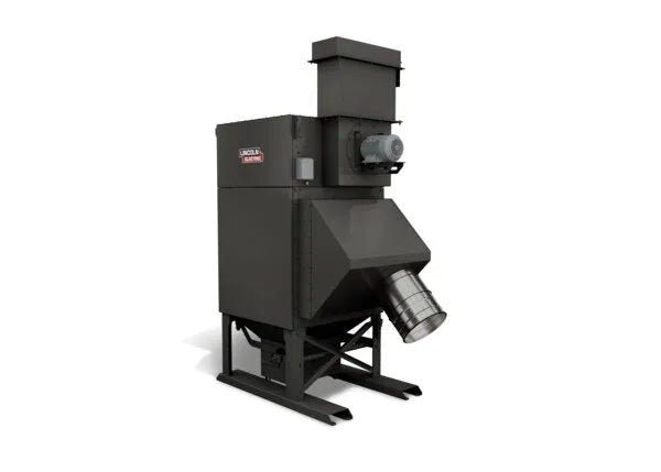 The Lincoln Prism® Compact (5 HP 2400 CFM) fume extraction unit features 4 vertical filters, inlet down design, thermal protection, a robust metal frame, front cylindrical duct, and vented motorized section for efficient industrial fume removal.