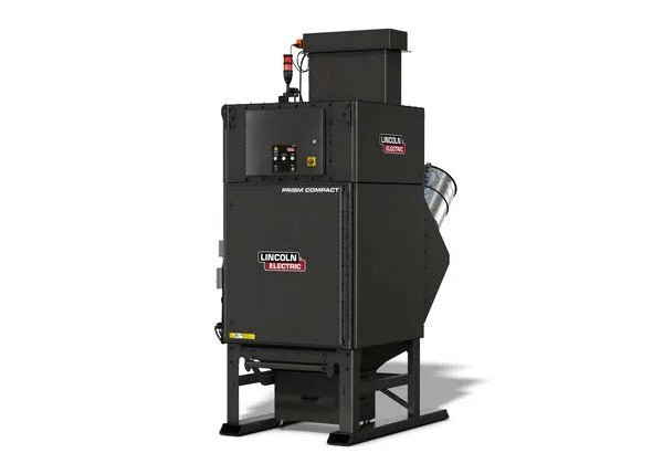 A large, black Lincoln Prism® Compact (5 HP 2400 CFM) AD2455-3 fume extraction unit with 4 vertical filters, inlet up, thermal protection, control buttons, vent pipe, and metal legs stands against a plain white background.