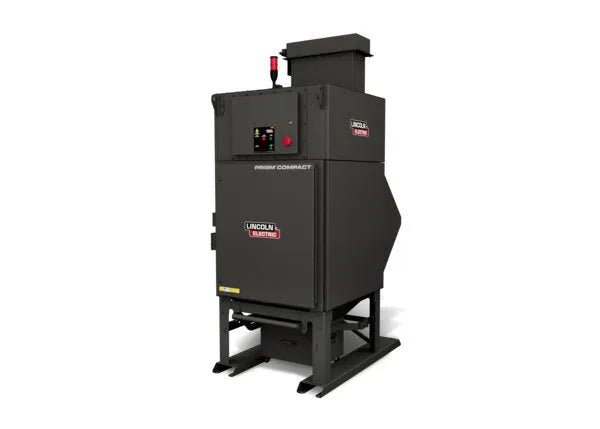 A large, industrial gray Lincoln Prism® Compact Outdoor (5 HP 2400 CFM) AD2455-9 fume extraction unit with 4 vertical filters and inlet up stands on a black base, designed for heavy-duty applications.