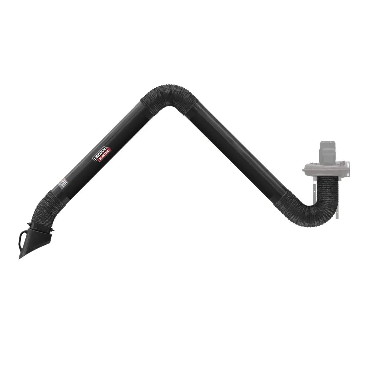 Lincoln Prism Wall Mount Flexible 13 ft. Welding Fume Extraction Arm K1655-9 with fan, wide nozzle, black arm—WeldingMart accessory.