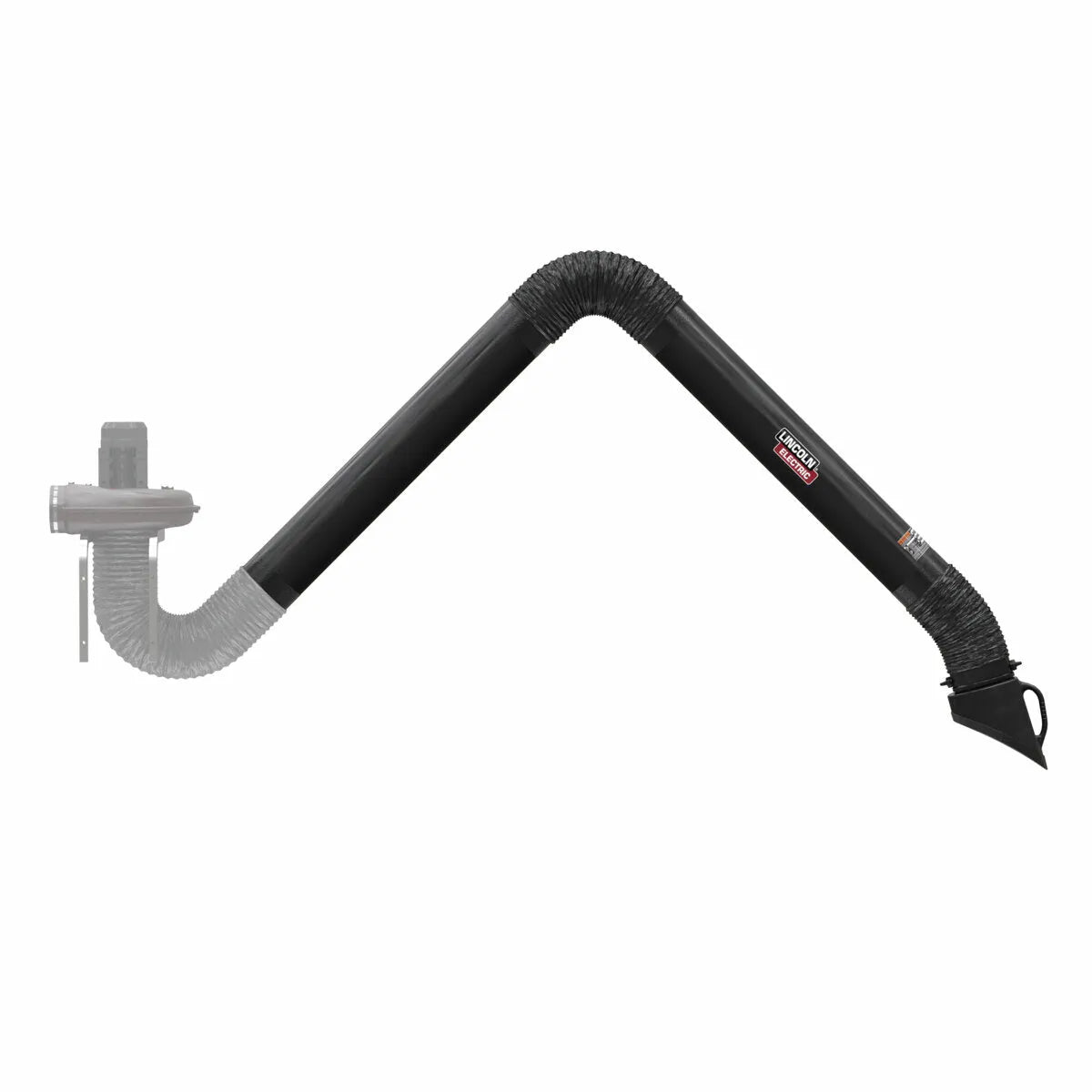 Lincoln Prism 13 ft. Fume Extraction Arm K1655-9 for welding—flexible, wall-mounted, black with hooded nozzle, on white background.